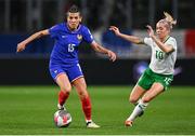 5 April 2024; Kenza Dali of France in action against Denise O'Sullivan of Republic of Ireland during the UEFA Women's European Championship qualifying group A match between France and Republic of Ireland at Stade Saint-Symphorien in Metz, France. Photo by Stephen McCarthy/Sportsfile