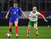5 April 2024; Kenza Dali of France in action against Denise O'Sullivan of Republic of Ireland during the UEFA Women's European Championship qualifying group A match between France and Republic of Ireland at Stade Saint-Symphorien in Metz, France. Photo by Stephen McCarthy/Sportsfile
