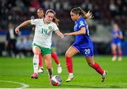 5 April 2024; Delphine Cascarino of France in action against Heather Payne of Republic of Ireland during the UEFA Women's European Championship qualifying group A match between France and Republic of Ireland at Stade Saint-Symphorien in Metz, France. Photo by Hugo Pfeiffer/Sportsfile