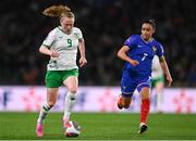 5 April 2024; Amber Barrett of Republic of Ireland in action against Sakina Karchaoui of France during the UEFA Women's European Championship qualifying group A match between France and Republic of Ireland at Stade Saint-Symphorien in Metz, France. Photo by Stephen McCarthy/Sportsfile