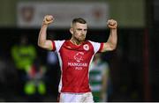 5 April 2024; Aaron Bolger of St Patrick's Athletic celebrates at the final whistle after his side's victory in the SSE Airtricity Men's Premier Division match between St Patrick's Athletic and Shamrock Rovers at Richmond Park in Dublin. Photo by Seb Daly/Sportsfile