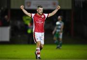 5 April 2024; Aaron Bolger of St Patrick's Athletic celebrates at the final whistle after his side's victory in the SSE Airtricity Men's Premier Division match between St Patrick's Athletic and Shamrock Rovers at Richmond Park in Dublin. Photo by Seb Daly/Sportsfile