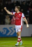 5 April 2024; Conor Keeley of St Patrick's Athletic celebrates after his side's victory in the SSE Airtricity Men's Premier Division match between St Patrick's Athletic and Shamrock Rovers at Richmond Park in Dublin. Photo by Seb Daly/Sportsfile
