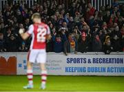 5 April 2024; St Patrick's Athletic supporters celebrates after their side's victory in the SSE Airtricity Men's Premier Division match between St Patrick's Athletic and Shamrock Rovers at Richmond Park in Dublin. Photo by Seb Daly/Sportsfile