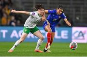 5 April 2024; Lucy Quinn of Republic of Ireland in action against Kenza Dali of France during the UEFA Women's European Championship qualifying group A match between France and Republic of Ireland at Stade Saint-Symphorien in Metz, France. Photo by Stephen McCarthy/Sportsfile