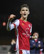 5 April 2024; Mason Melia of St Patrick's Athletic celebrates after his side's victory in the SSE Airtricity Men's Premier Division match between St Patrick's Athletic and Shamrock Rovers at Richmond Park in Dublin. Photo by Seb Daly/Sportsfile