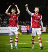 5 April 2024; St Patrick's Athletic players Anto Breslin, left, and Jamie Lennon after their side's victory in the SSE Airtricity Men's Premier Division match between St Patrick's Athletic and Shamrock Rovers at Richmond Park in Dublin. Photo by Seb Daly/Sportsfile