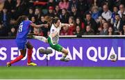 5 April 2024; Megan Campbell of Republic of Ireland is tackled by Kadidiatou Diani of France during the UEFA Women's European Championship qualifying group A match between France and Republic of Ireland at Stade Saint-Symphorien in Metz, France. Photo by Stephen McCarthy/Sportsfile