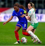 5 April 2024; Grace Geyoro of France in action against Megan Connolly of Republic of Ireland during the UEFA Women's European Championship qualifying group A match between France and Republic of Ireland at Stade Saint-Symphorien in Metz, France. Photo by Hugo Pfeiffer/Sportsfile