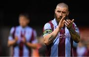 5 April 2024; Gary Deegan of Drogheda United acknowledges supporters after his side's draw in the SSE Airtricity Men's Premier Division match between Drogheda United and Shelbourne at Weavers Park in Drogheda, Louth. Photo by Shauna Clinton/Sportsfile