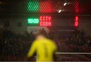 5 April 2024; A general view of the scoreboard late in the game during the SSE Airtricity Men's First Division match between Cork City and Cobh Ramblers at Turner's Cross in Cork. Photo by Michael P Ryan/Sportsfile