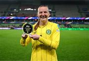 5 April 2024; Republic of Ireland goalkeeper Courtney Brosnan poses for a photograph with the player of the match award after  the UEFA Women's European Championship qualifying group A match between France and Republic of Ireland at Stade Saint-Symphorien in Metz, France. Photo by Stephen McCarthy/Sportsfile