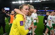 5 April 2024; Republic of Ireland goalkeeper Courtney Brosnan, left, and team-mate Diane Caldwell react after their side's defeat in the UEFA Women's European Championship qualifying group A match between France and Republic of Ireland at Stade Saint-Symphorien in Metz, France. Photo by Stephen McCarthy/Sportsfile