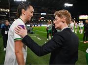 5 April 2024; Republic of Ireland head coach Eileen Gleeson speaks to Anna Patten of Republic of Ireland after the UEFA Women's European Championship qualifying group A match between France and Republic of Ireland at Stade Saint-Symphorien in Metz, France. Photo by Stephen McCarthy/Sportsfile