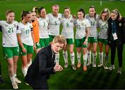 5 April 2024; Republic of Ireland head coach Eileen Gleeson speaks to her side after their defeat in the UEFA Women's European Championship qualifying group A match between France and Republic of Ireland at Stade Saint-Symphorien in Metz, France. Photo by Stephen McCarthy/Sportsfile