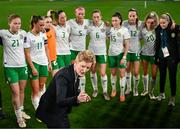 5 April 2024; Republic of Ireland head coach Eileen Gleeson speaks to her side after their defeat in the UEFA Women's European Championship qualifying group A match between France and Republic of Ireland at Stade Saint-Symphorien in Metz, France. Photo by Stephen McCarthy/Sportsfile