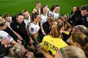 5 April 2024; Republic of Ireland captain Katie McCabe, centre, speaks to her side after their defeat in the UEFA Women's European Championship qualifying group A match between France and Republic of Ireland at Stade Saint-Symphorien in Metz, France. Photo by Stephen McCarthy/Sportsfile