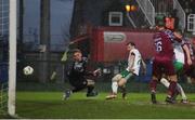 5 April 2024; Cian Murphy of Cork City has a shot on goal during the SSE Airtricity Men's First Division match between Cork City and Cobh Ramblers at Turner's Cross in Cork. Photo by Michael P Ryan/Sportsfile