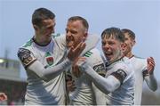 5 April 2024; Jack Doherty of Cork City, centre, is congratulated by teammates Barry Coffey, left, and Cathal O'Sullivan after scoring his side's first goal during the SSE Airtricity Men's First Division match between Cork City and Cobh Ramblers at Turner's Cross in Cork. Photo by Michael P Ryan/Sportsfile