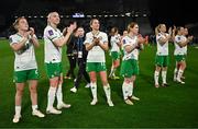 5 April 2024; Republic of Ireland players, from left, Emily Murphy, Louise Quinn, Megan Connolly and Aoife Mannion acknowledge supporters after the UEFA Women's European Championship qualifying group A match between France and Republic of Ireland at Stade Saint-Symphorien in Metz, France. Photo by Stephen McCarthy/Sportsfile