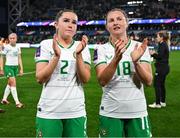 5 April 2024; Jessie Stapleton, left, and Kyra Carusa of Republic of Ireland acknowledge supporters after the UEFA Women's European Championship qualifying group A match between France and Republic of Ireland at Stade Saint-Symphorien in Metz, France. Photo by Stephen McCarthy/Sportsfile