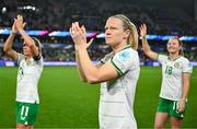 5 April 2024; Republic of Ireland players, from left, Katie McCabe, Diane Caldwell and Kyra Carusa acknowledge supporters after the UEFA Women's European Championship qualifying group A match between France and Republic of Ireland at Stade Saint-Symphorien in Metz, France. Photo by Stephen McCarthy/Sportsfile