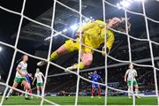 5 April 2024; Republic of Ireland goalkeeper Courtney Brosnan makes a save during the UEFA Women's European Championship qualifying group A match between France and Republic of Ireland at Stade Saint-Symphorien in Metz, France. Photo by Stephen McCarthy/Sportsfile