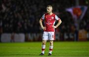 5 April 2024; Aaron Bolger of St Patrick's Athletic during the SSE Airtricity Men's Premier Division match between St Patrick's Athletic and Shamrock Rovers at Richmond Park in Dublin. Photo by Seb Daly/Sportsfile