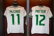 5 April 2024; The jersey's of Katie McCabe and Anna Patten hang in the Republic of Ireland dressing room before the UEFA Women's European Championship qualifying group A match between France and Republic of Ireland at Stade Saint-Symphorien in Metz, France. Photo by Stephen McCarthy/Sportsfile