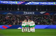 5 April 2024; Republic of Ireland players huddle before the UEFA Women's European Championship qualifying group A match between France and Republic of Ireland at Stade Saint-Symphorien in Metz, France. Photo by Stephen McCarthy/Sportsfile