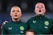 5 April 2024; Katie McCabe, left, and Courtney Brosnan of Republic of Ireland before the UEFA Women's European Championship qualifying group A match between France and Republic of Ireland at Stade Saint-Symphorien in Metz, France. Photo by Stephen McCarthy/Sportsfile