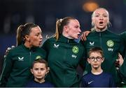 5 April 2024; Republic of Ireland players, from left, Katie McCabe, Courtney Brosnan and Louise Quinn before the UEFA Women's European Championship qualifying group A match between France and Republic of Ireland at Stade Saint-Symphorien in Metz, France. Photo by Stephen McCarthy/Sportsfile