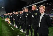 5 April 2024; Republic of Ireland head coach Eileen Gleeson with her staff and substitutes including assistant coach Emma Byrne, second from right, before the UEFA Women's European Championship qualifying group A match between France and Republic of Ireland at Stade Saint-Symphorien in Metz, France. Photo by Stephen McCarthy/Sportsfile