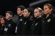 5 April 2024; Republic of Ireland physiotherapist Susie Coffey, third from right, with, from left, equipment officer Aisling O'Neill, Jess Turner, nutritionist Dr Brendan Egan, /Republic of Ireland's STATSports analyst Claire Dunne and team doctor Siobhan Forman before the UEFA Women's European Championship qualifying group A match between France and Republic of Ireland at Stade Saint-Symphorien in Metz, France. Photo by Stephen McCarthy/Sportsfile