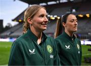 5 April 2024; Republic of Ireland goalkeeper Sophie Whitehouse and Megan Campbell, right, before the UEFA Women's European Championship qualifying group A match between France and Republic of Ireland at Stade Saint-Symphorien in Metz, France. Photo by Stephen McCarthy/Sportsfile