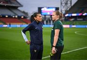 5 April 2024; Aston Villa club-mates Kenza Dali of France and Ruesha Littlejohn of Republic of Ireland before the UEFA Women's European Championship qualifying group A match between France and Republic of Ireland at Stade Saint-Symphorien in Metz, France. Photo by Stephen McCarthy/Sportsfile
