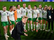 5 April 2024; Republic of Ireland head coach Eileen Gleeson speaks to her side after their defeat in the UEFA Women's European Championship qualifying group A match between France and Republic of Ireland at Stade Saint-Symphorien in Metz, France. Photo by Stephen McCarthy/Sportsfile