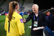 5 April 2024; RTÉ's Tony O'Donoghue interviews the Sky player of the match Republic of Ireland goalkeeper Courtney Brosnan after the UEFA Women's European Championship qualifying group A match between France and Republic of Ireland at Stade Saint-Symphorien in Metz, France. Photo by Stephen McCarthy/Sportsfile