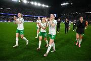 5 April 2024; Republic of Ireland players, from left, Louise Quinn, Denise O'Sullivan and Megan Connolly acknowledge supporters after the UEFA Women's European Championship qualifying group A match between France and Republic of Ireland at Stade Saint-Symphorien in Metz, France. Photo by Stephen McCarthy/Sportsfile