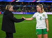 5 April 2024; Jessie Stapleton, 2, and Erin McLaughlin of Republic of Ireland during the UEFA Women's European Championship qualifying group A match between France and Republic of Ireland at Stade Saint-Symphorien in Metz, France. Photo by Stephen McCarthy/Sportsfile