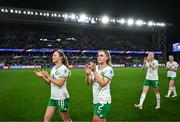 5 April 2024; Kyra Carusa, left, and Jessie Stapleton of Republic of Ireland after the UEFA Women's European Championship qualifying group A match between France and Republic of Ireland at Stade Saint-Symphorien in Metz, France. Photo by Stephen McCarthy/Sportsfile