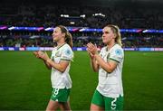 5 April 2024; Kyra Carusa, left, and Jessie Stapleton of Republic of Ireland after the UEFA Women's European Championship qualifying group A match between France and Republic of Ireland at Stade Saint-Symphorien in Metz, France. Photo by Stephen McCarthy/Sportsfile