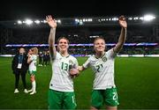 5 April 2024; Aoife Mannion, left, and Emily Murphy of Republic of Ireland waves towards their families after the UEFA Women's European Championship qualifying group A match between France and Republic of Ireland at Stade Saint-Symphorien in Metz, France. Photo by Stephen McCarthy/Sportsfile