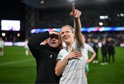 5 April 2024; Diane Caldwell, right, and Amber Barrett of Republic of Ireland look towards their families after the UEFA Women's European Championship qualifying group A match between France and Republic of Ireland at Stade Saint-Symphorien in Metz, France. Photo by Stephen McCarthy/Sportsfile