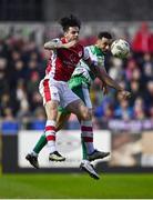 5 April 2024; Ruairi Keating of St Patrick's Athletic in action against Roberto Lopes of Shamrock Rovers during the SSE Airtricity Men's Premier Division match between St Patrick's Athletic and Shamrock Rovers at Richmond Park in Dublin. Photo by Seb Daly/Sportsfile