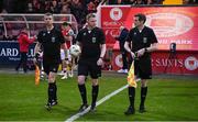 5 April 2024; Referee Damien MacGraith, centre, with assisants Darren Carey and Darren Corcoran before the SSE Airtricity Men's Premier Division match between St Patrick's Athletic and Shamrock Rovers at Richmond Park in Dublin. Photo by Seb Daly/Sportsfile