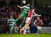 5 April 2024; Roberto Lopes of Shamrock Rovers in action against Mason Melia of St Patrick's Athletic during the SSE Airtricity Men's Premier Division match between St Patrick's Athletic and Shamrock Rovers at Richmond Park in Dublin. Photo by Seb Daly/Sportsfile