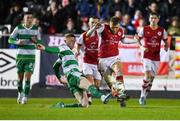 5 April 2024; Jamie Lennon of St Patrick's Athletic is tackled by Darragh Nugent of Shamrock Rovers during the SSE Airtricity Men's Premier Division match between St Patrick's Athletic and Shamrock Rovers at Richmond Park in Dublin. Photo by Seb Daly/Sportsfile