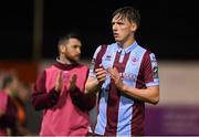 5 April 2024; Oisin Gallagher of Drogheda United acknowledges supporters after their side's draw the SSE Airtricity Men's Premier Division match between Drogheda United and Shelbourne at Weavers Park in Drogheda, Louth. Photo by Shauna Clinton/Sportsfile
