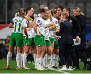 5 April 2024; Republic of Ireland head coach Eileen Gleeson speaks to her players during a break in play of the UEFA Women's European Championship qualifying group A match between France and Republic of Ireland at Stade Saint-Symphorien in Metz, France. Photo by Stephen McCarthy/Sportsfile